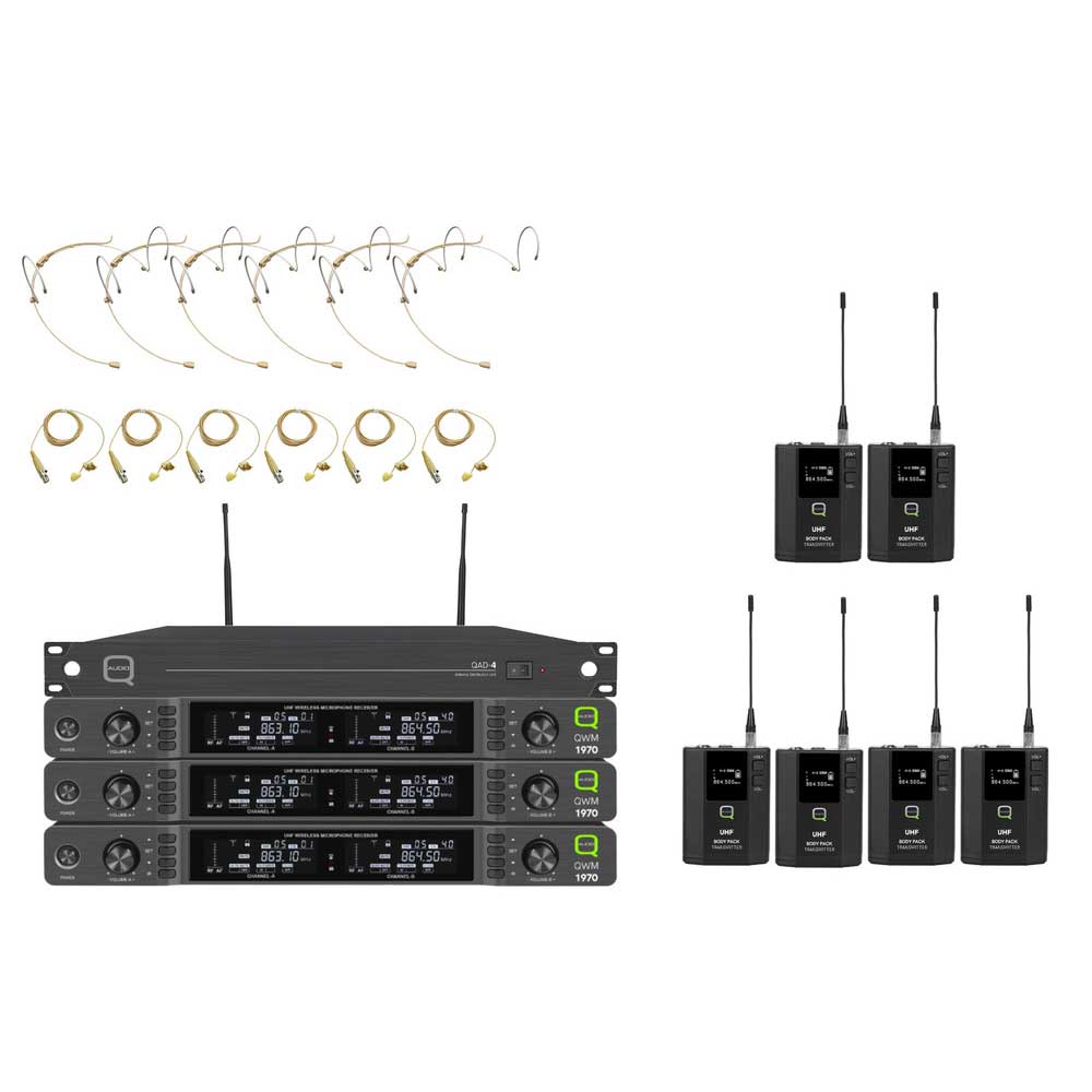 Q-Audio 6-Way Headworn & Lapel Wireless Microphone System with Antenna Distribution