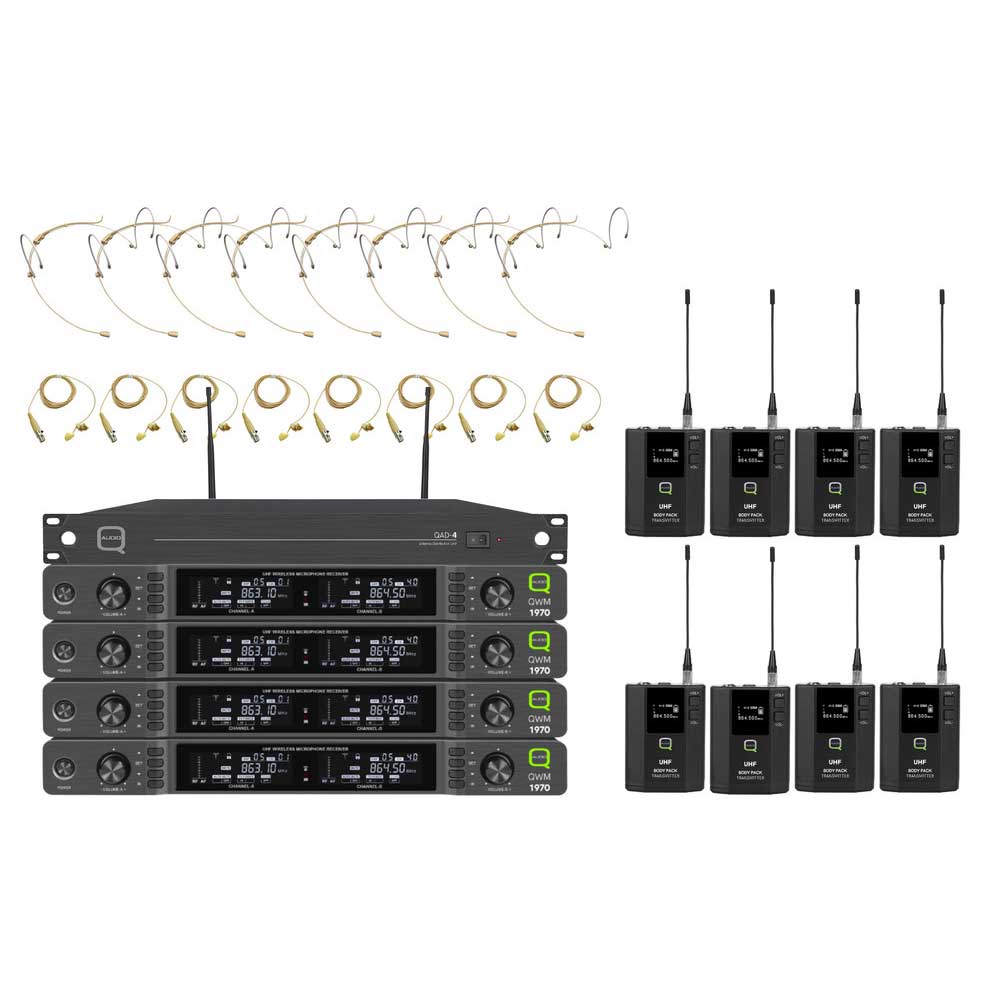 Q-Audio 8-Way Headworn & Lapel Wireless Microphone System with ADU